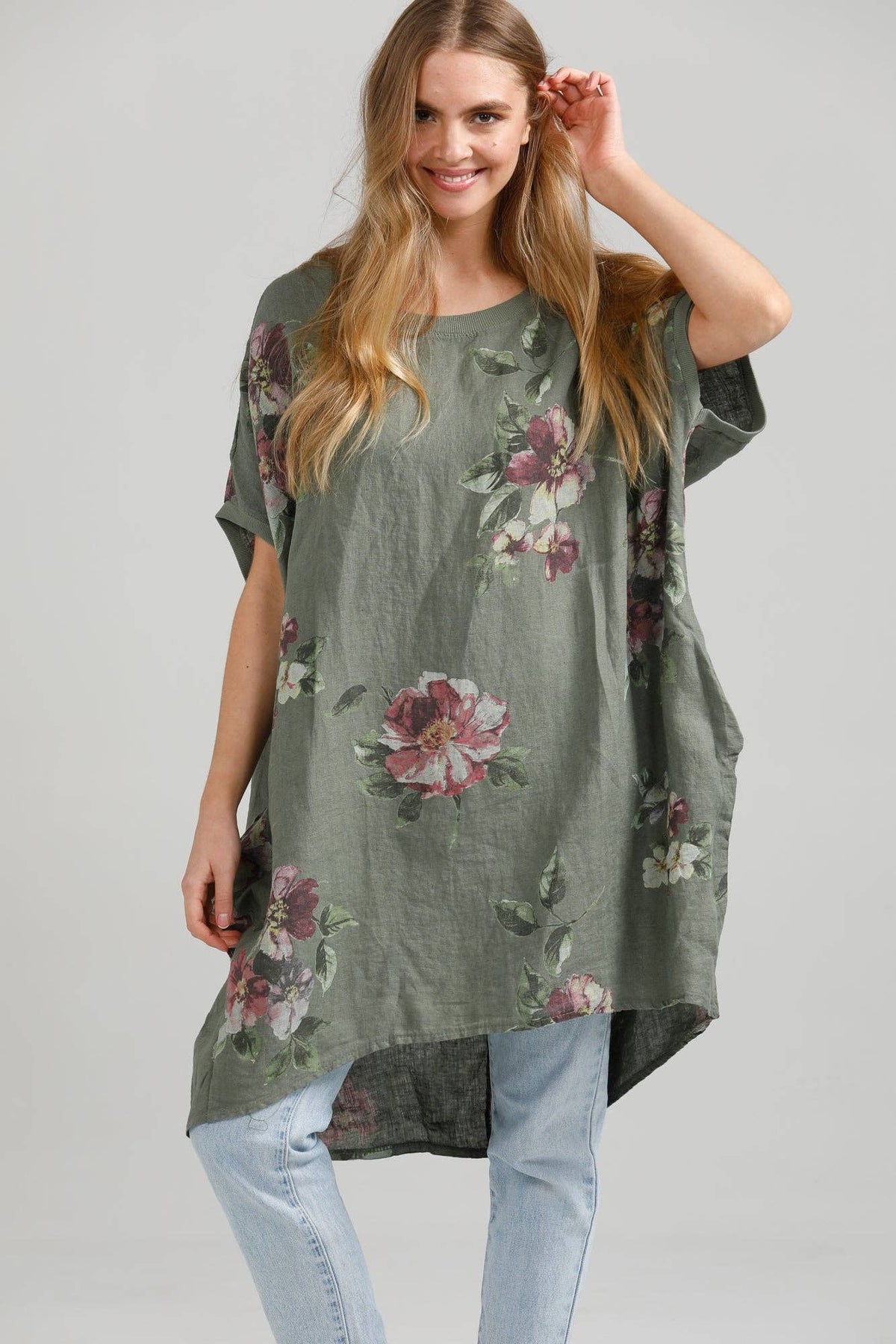 Rosabella linen dress. Olive Floral