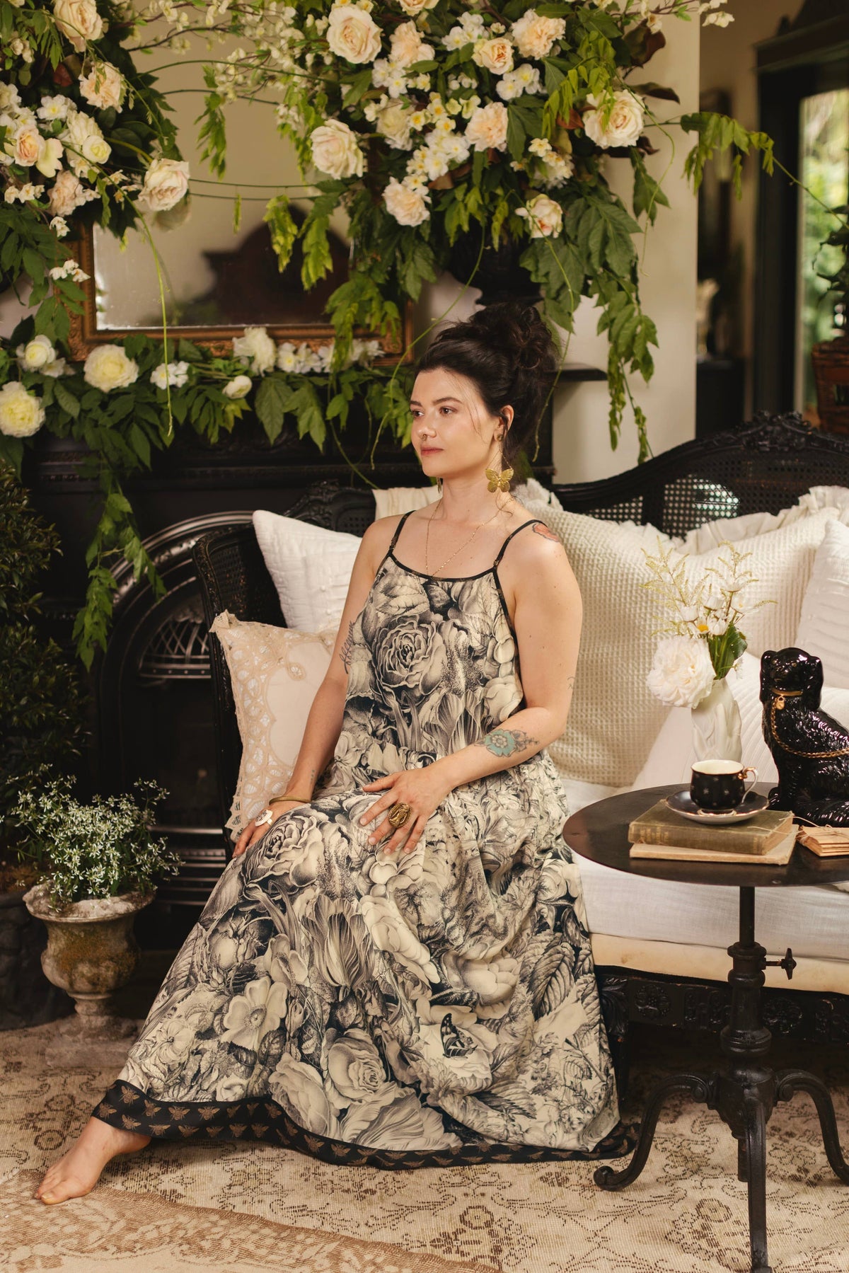 Honey & The Moon Bohéme Maxi Slip Dress w/ Florals & Bees