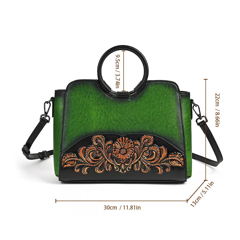 Embossed Leather Top Handle Satchel Bag with Round Handle