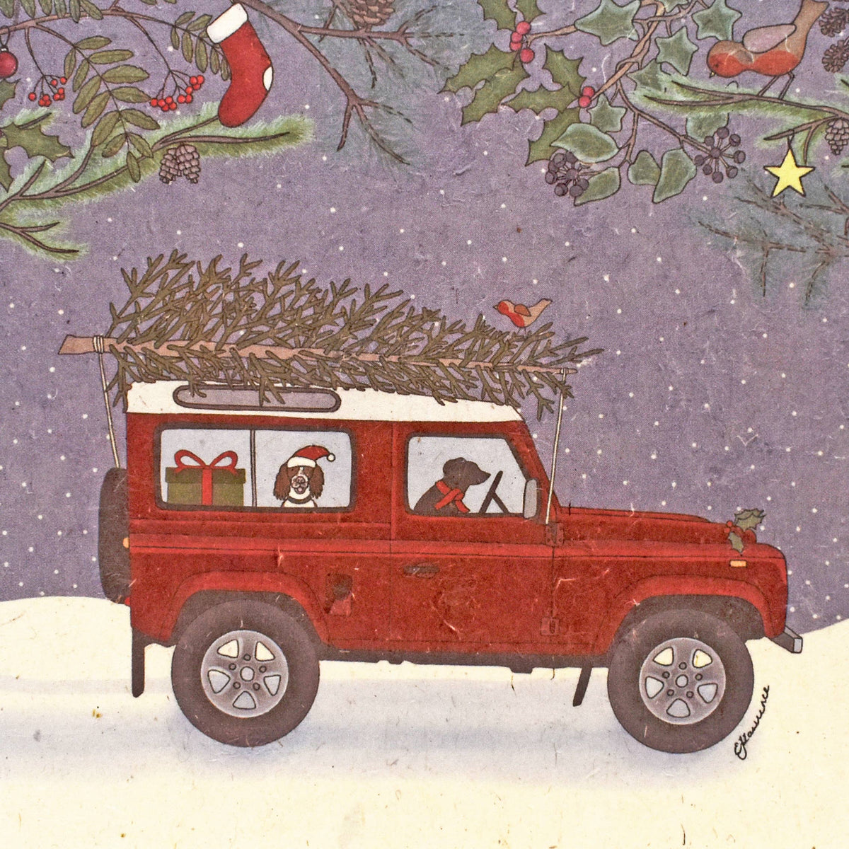 Emma Lawrence Landrover & Dogs Christmas Card - Recycled