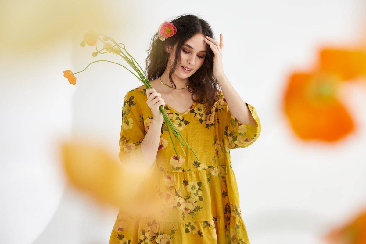 Stella Floral Linen Dress. Sunflower
