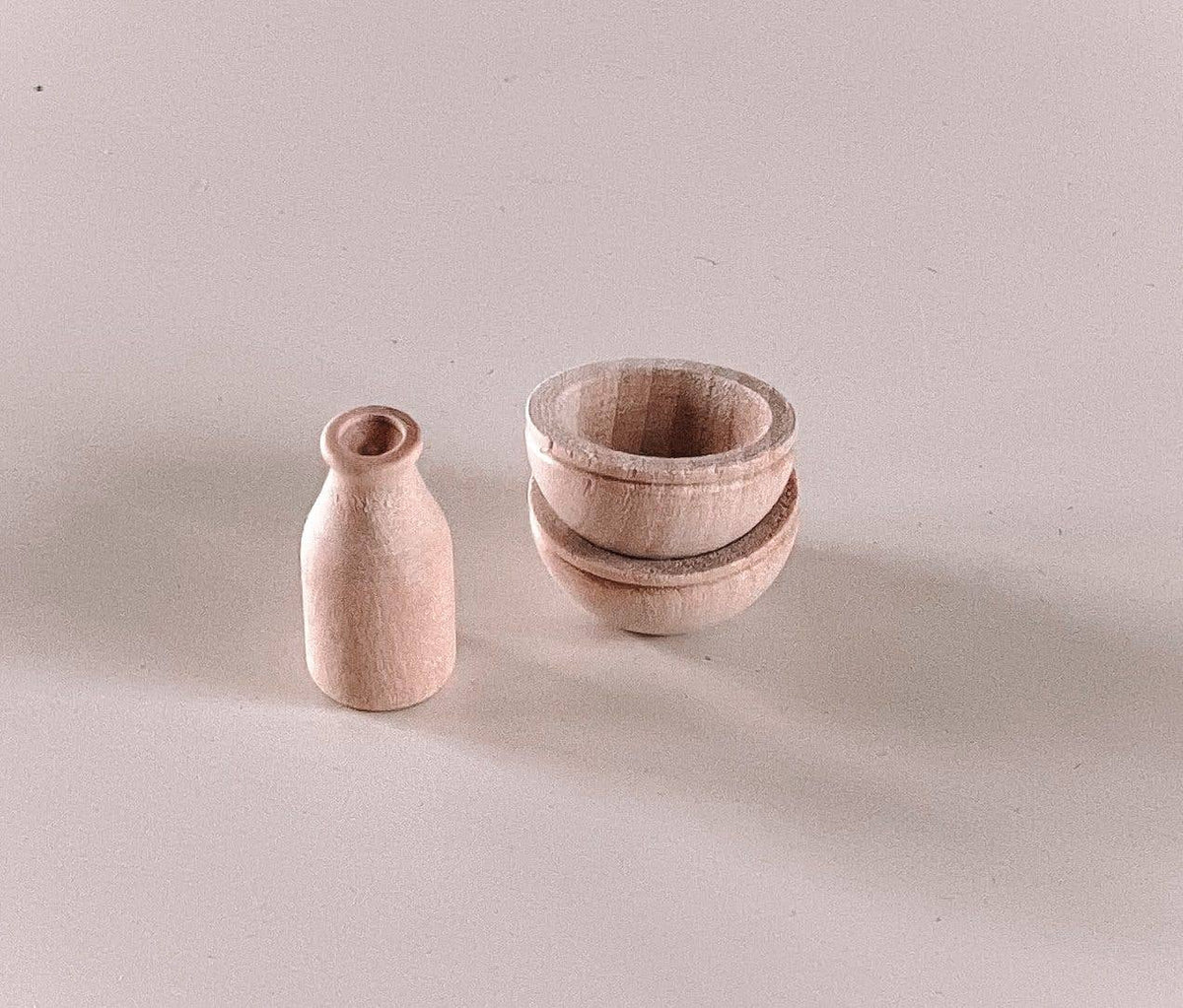 Dollhouse Milk Bottle & Cereal Bowl Set | Natural Wood
