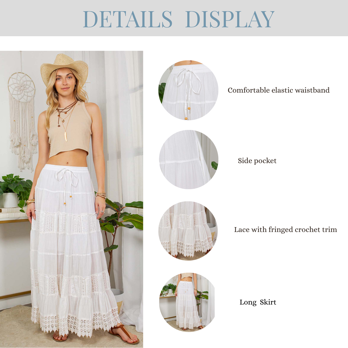 7 Tiered Crinkle Lace Patchwork Skirt with Pocket