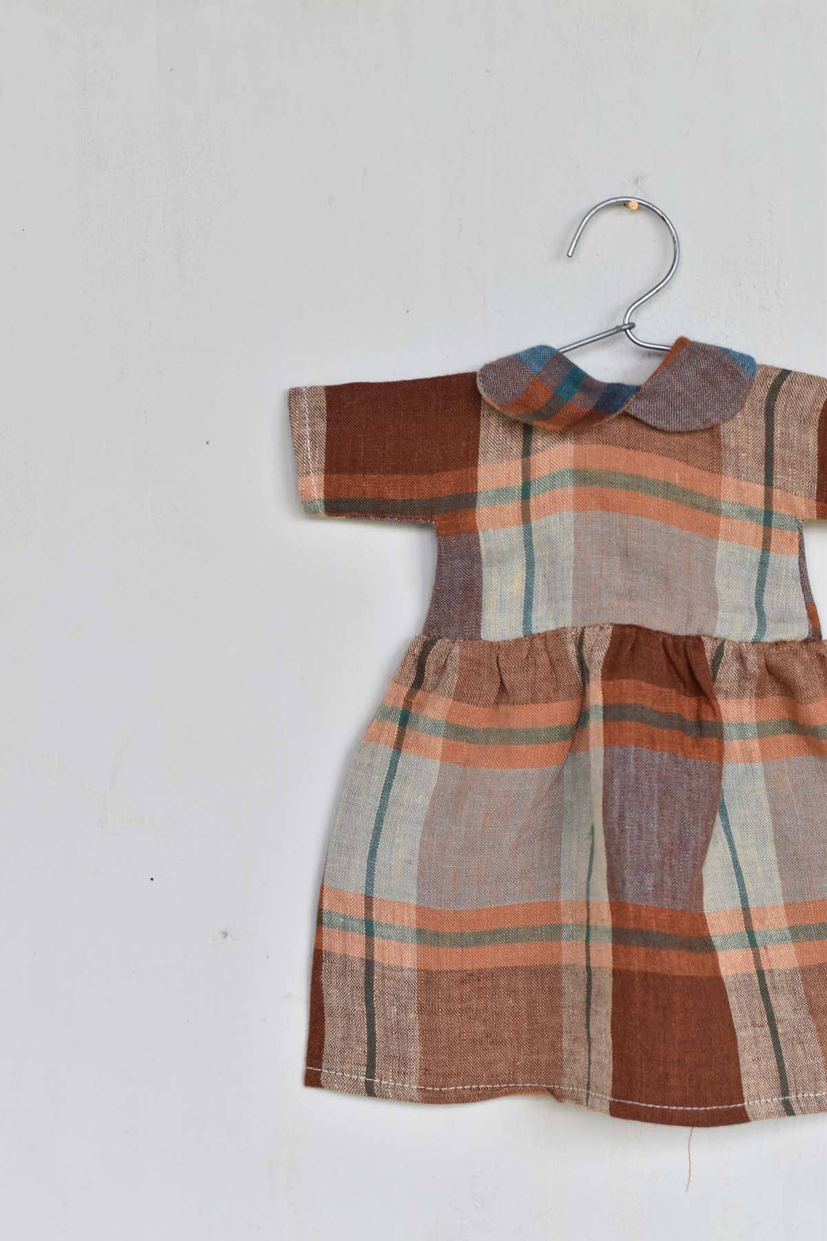 Plaid Linen Gather Dress with Peter Pan Collar - Handmade