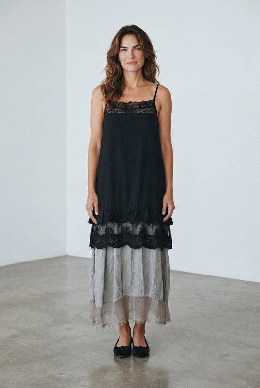 Minette cotton and lace short slip dress. Black.