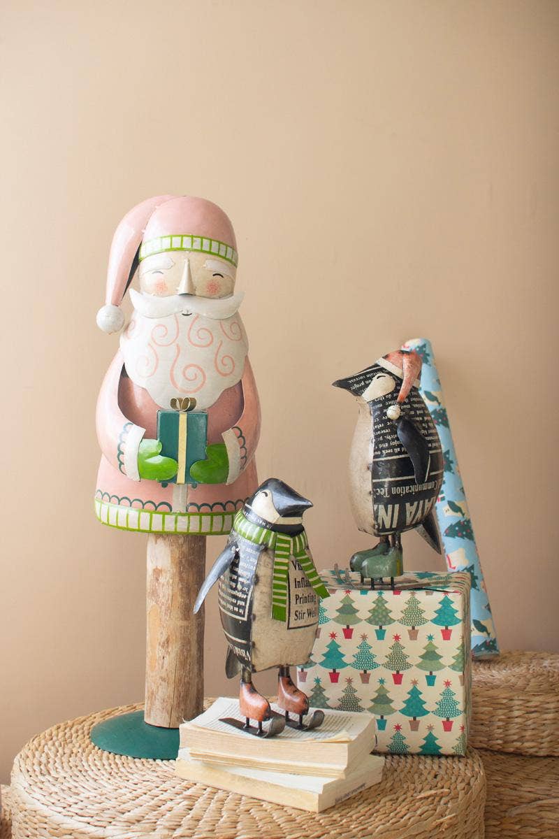 SET OF TWO RECYCLED METAL SKATING CHRISTMAS PENQUINS