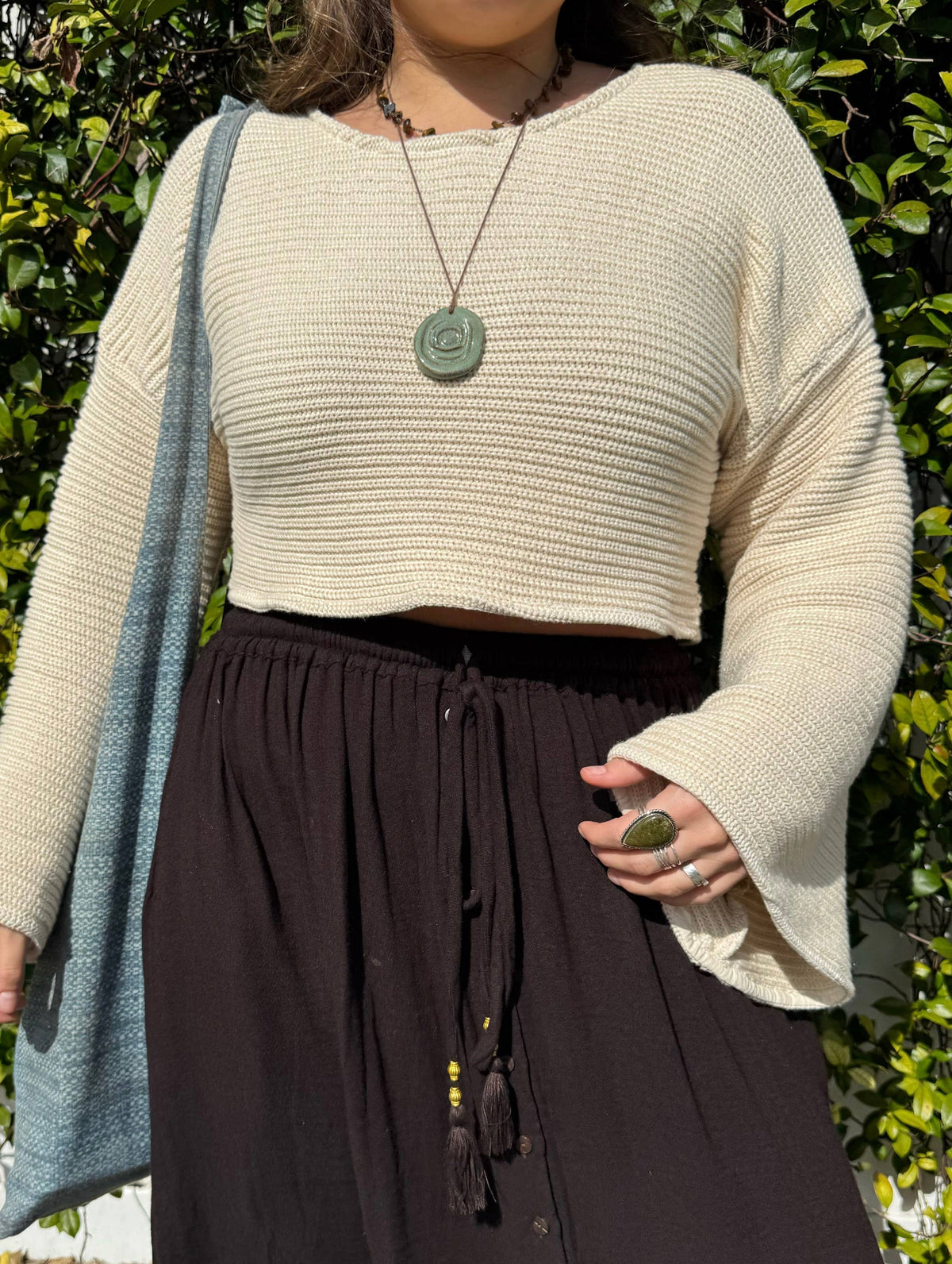 100% Organic Cotton Bell Sleeve Boho Crop Sweater, Hippie