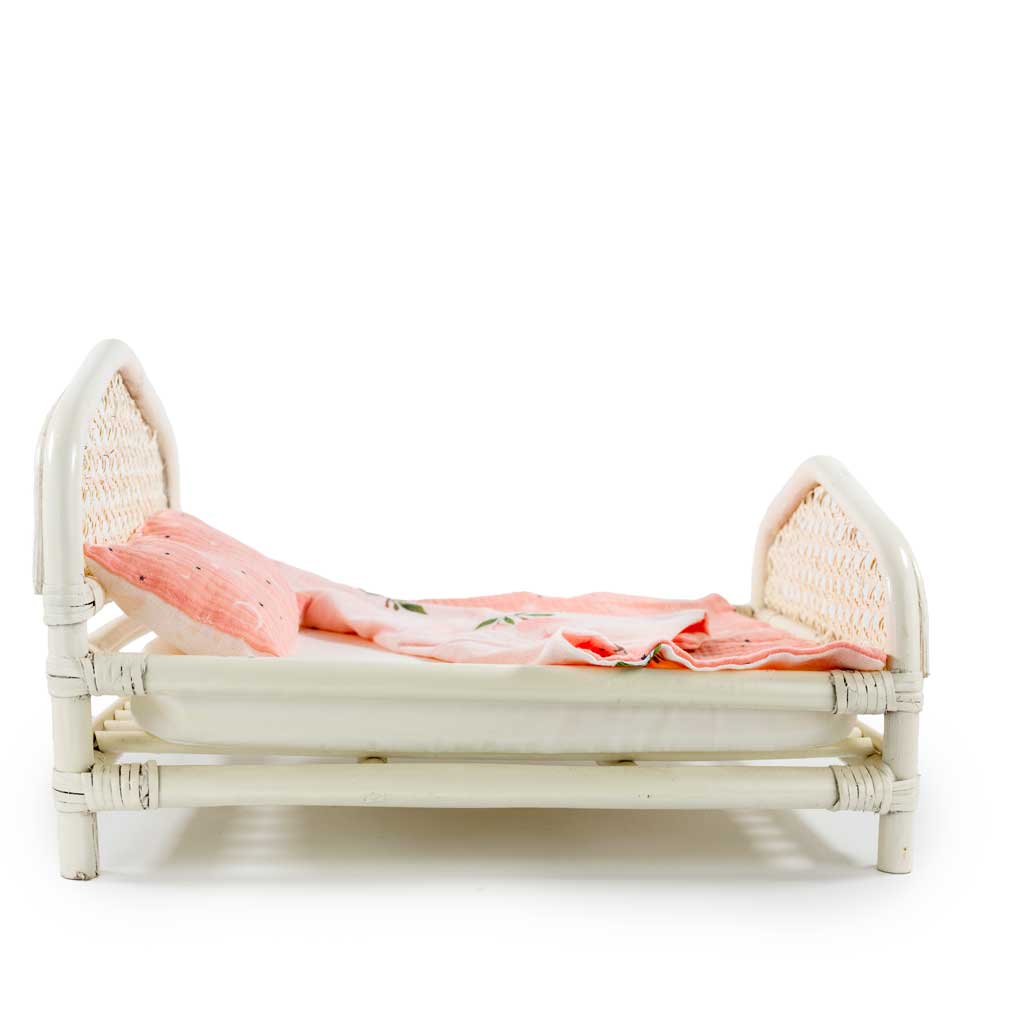 Doll bed vintage white rattan