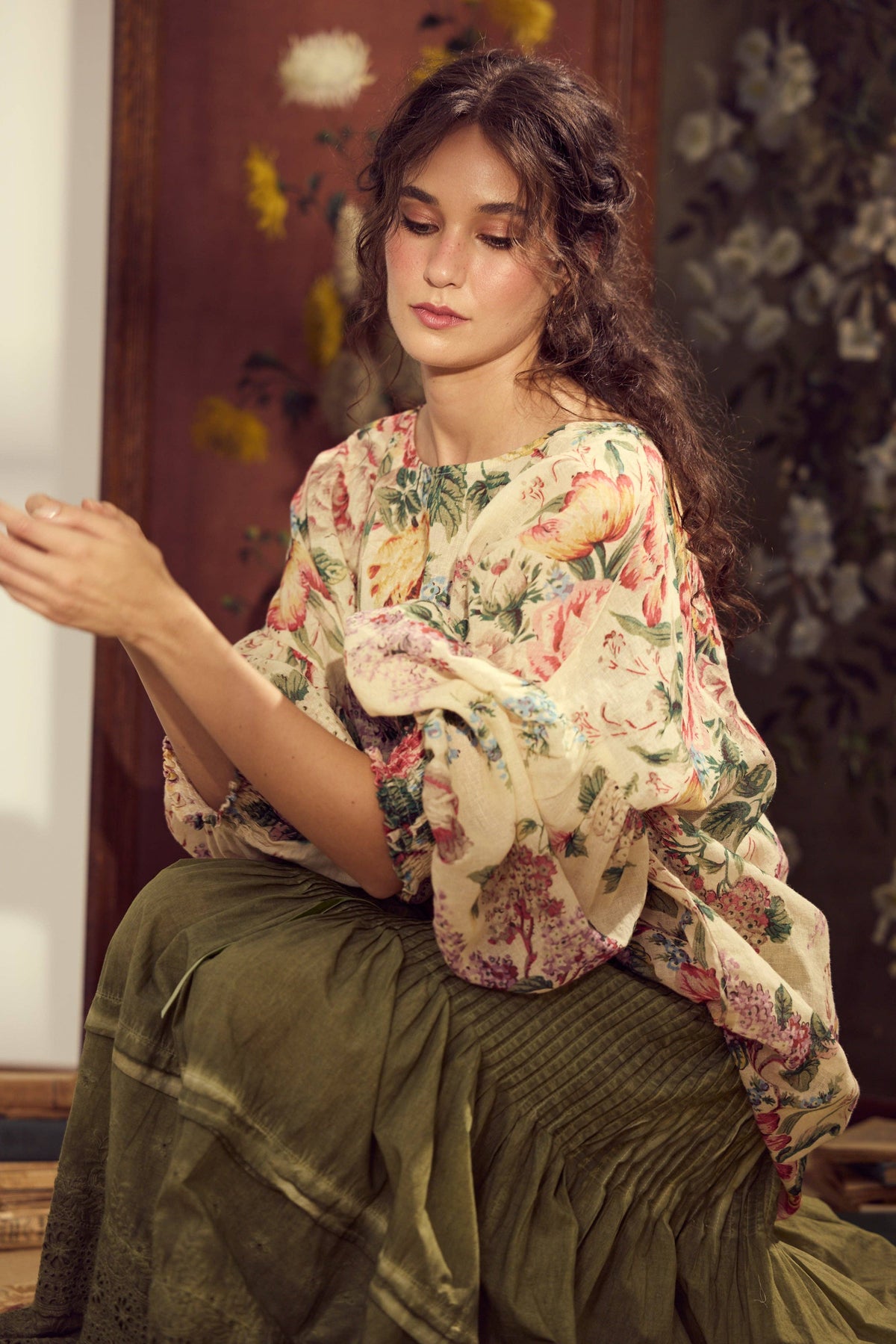Florist. Linen and Cotton Botanical bouquet top in a fluid Romantic vintage inspired style.