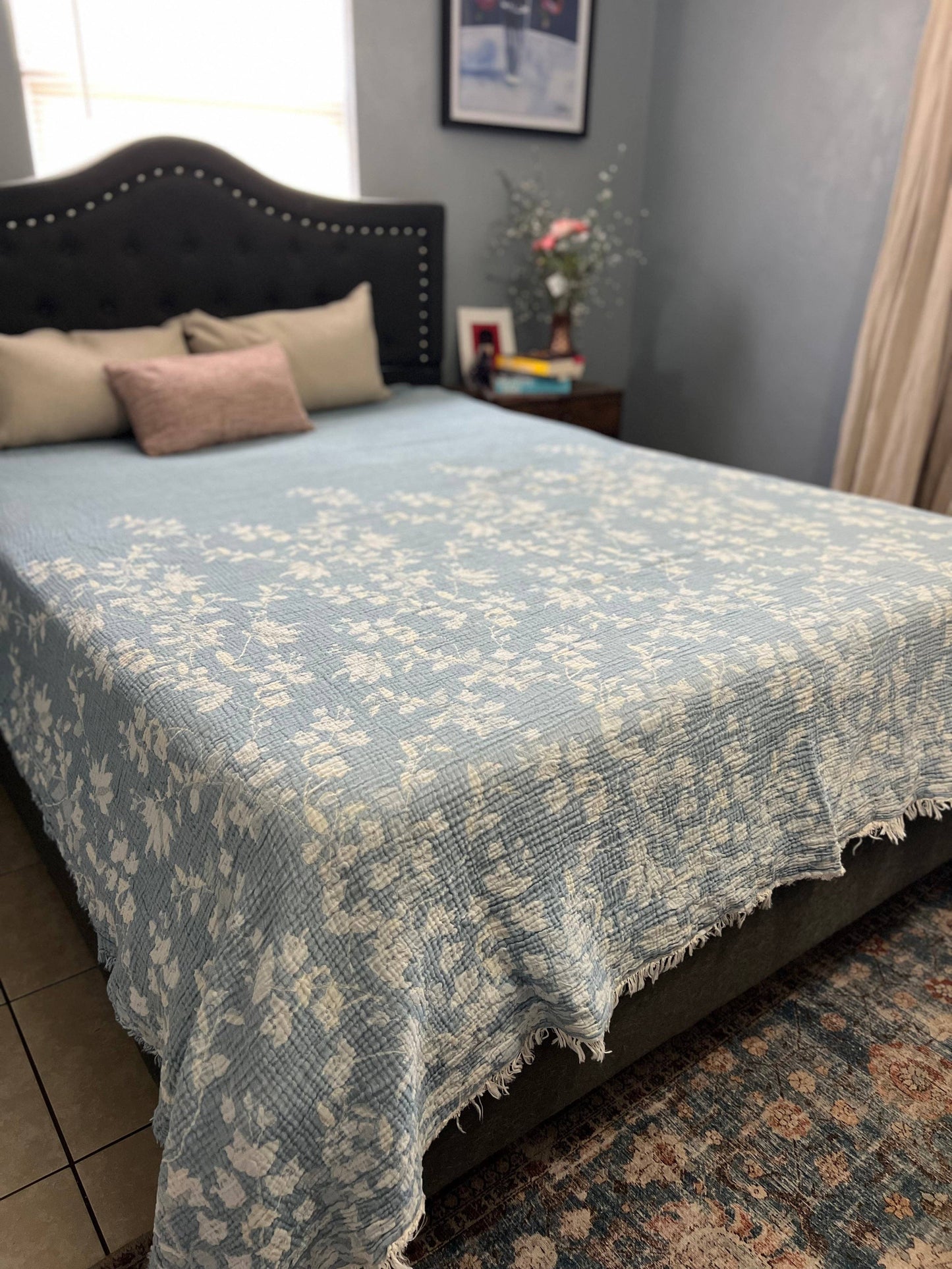 Bougainvillea  Blanket – Pale Sky Blue  |Queen