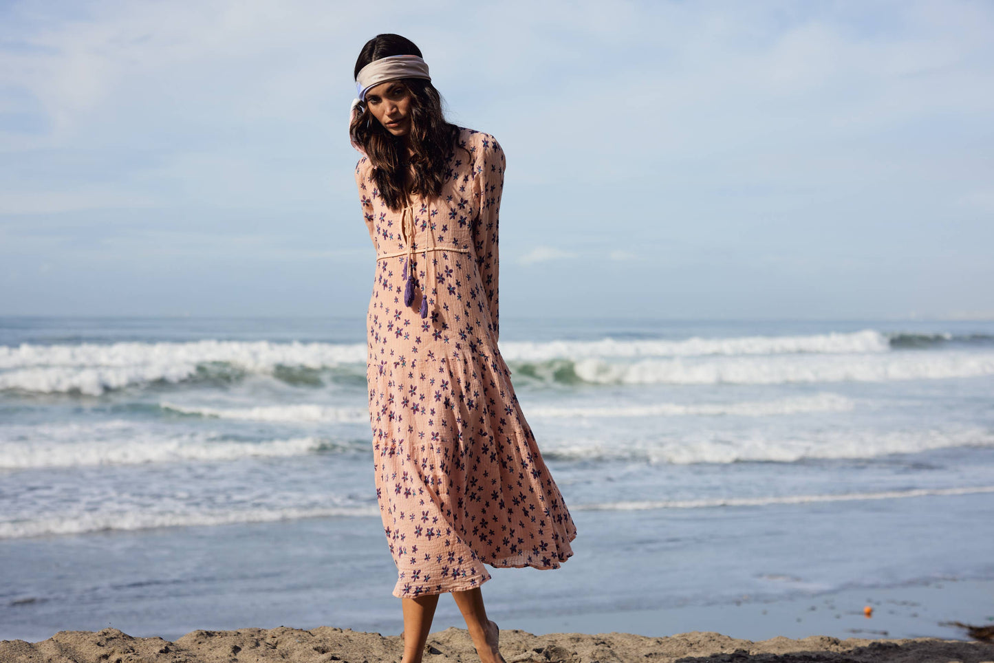 Marisa Printed Midi Dress Long Sleeves With Tassels Coral