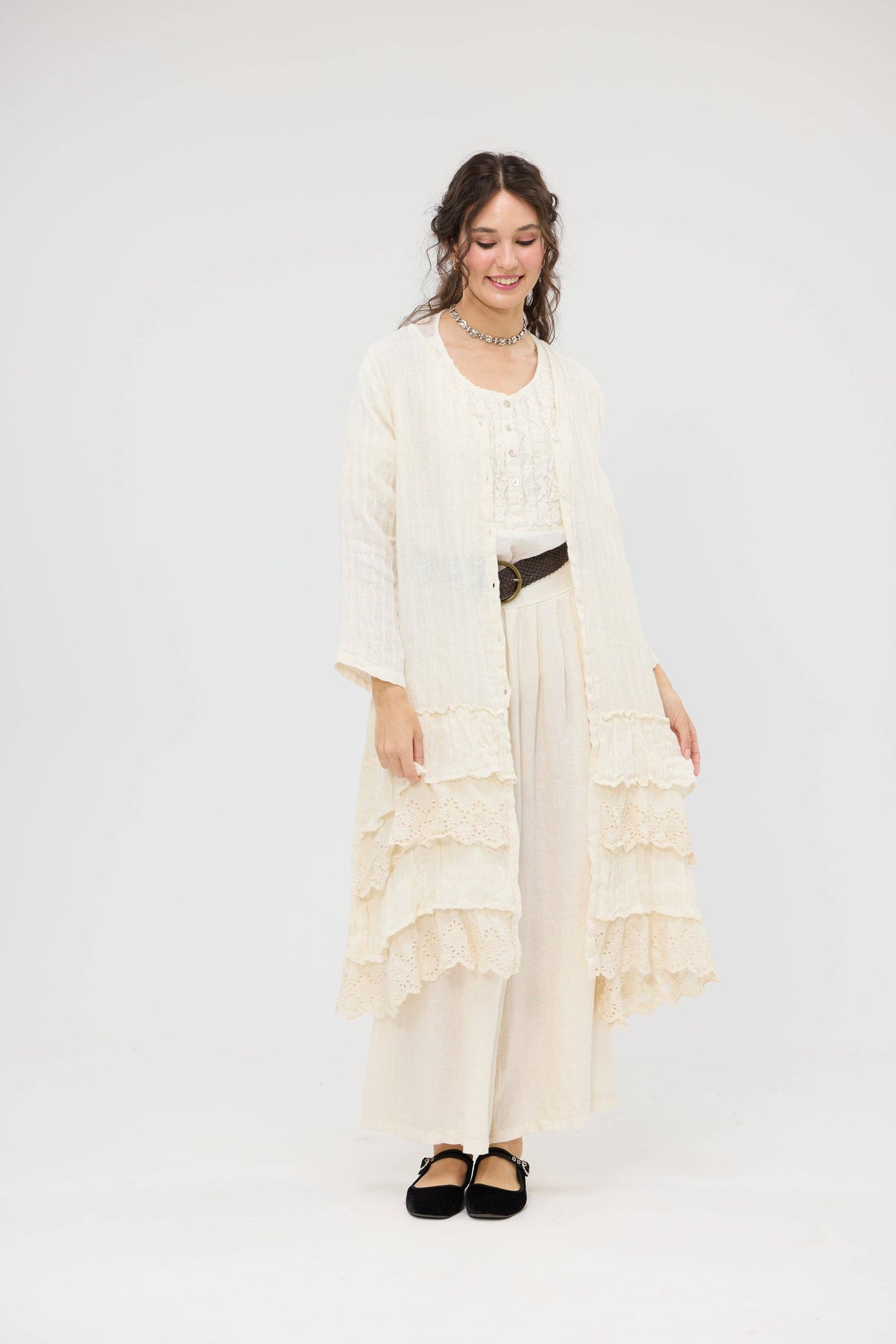 Florette Linen and Lace long Coat . Coconut