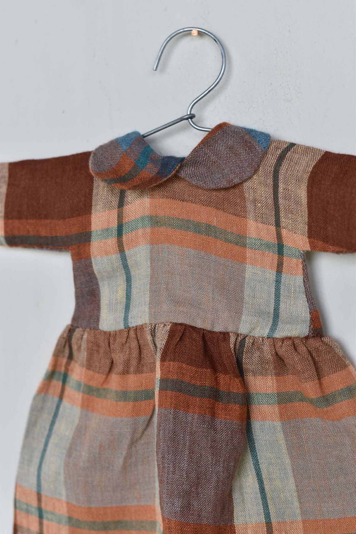 Plaid Linen Gather Dress with Peter Pan Collar - Handmade