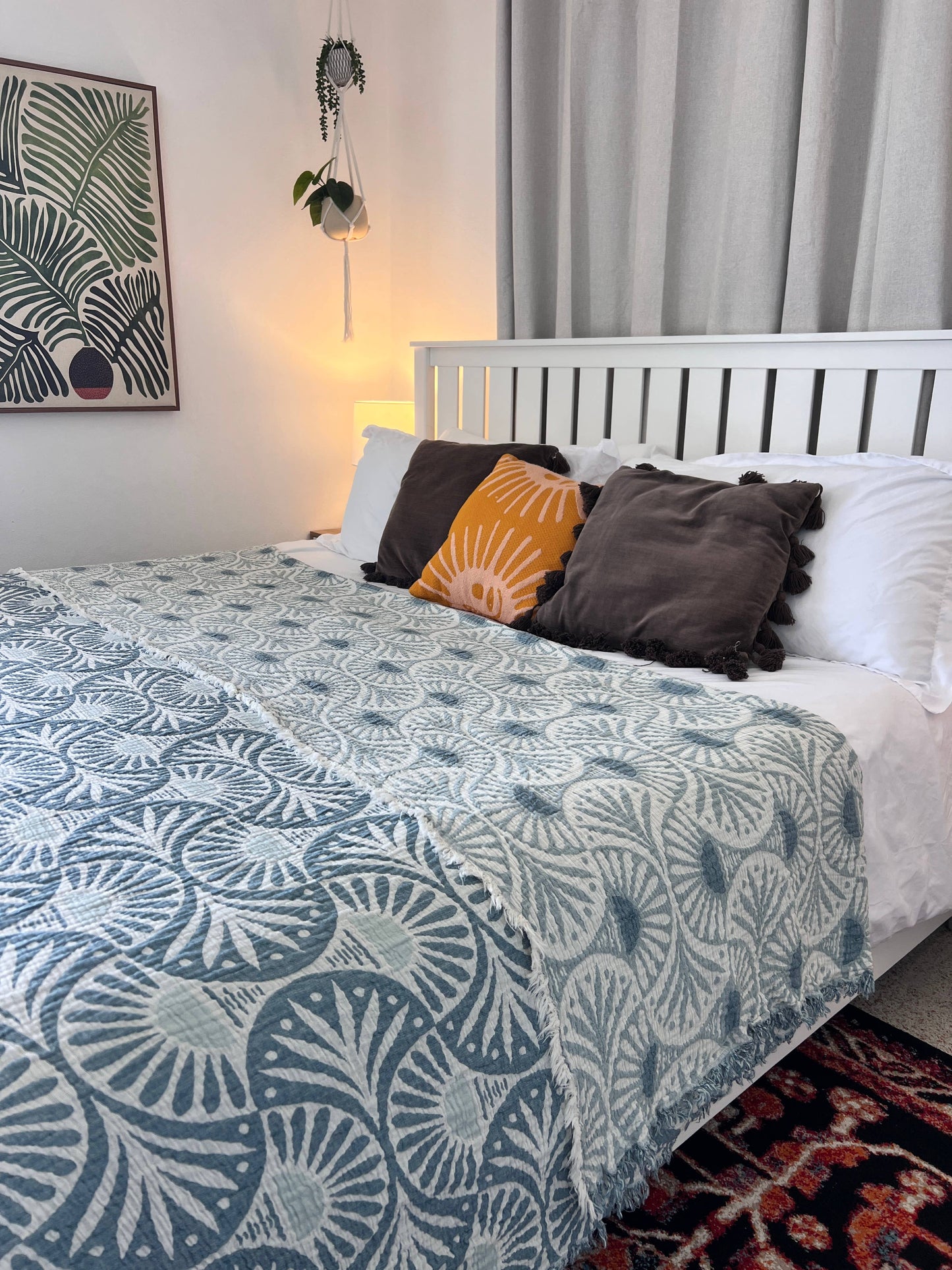 Ginkgo Muslin Bed Blanket / Queen-King/ Adult / Teal