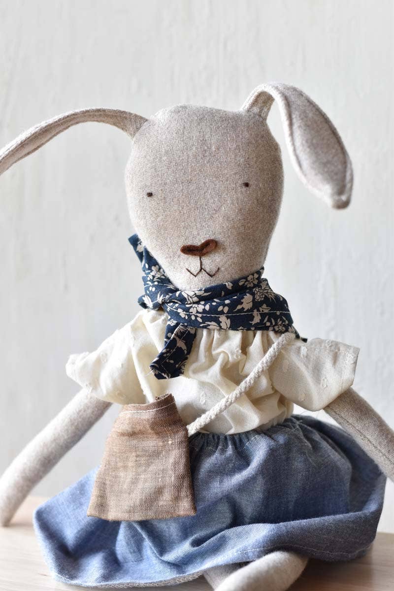 Ruthie the Rabbit – Handmade Wool Doll in Chambray Skirt 