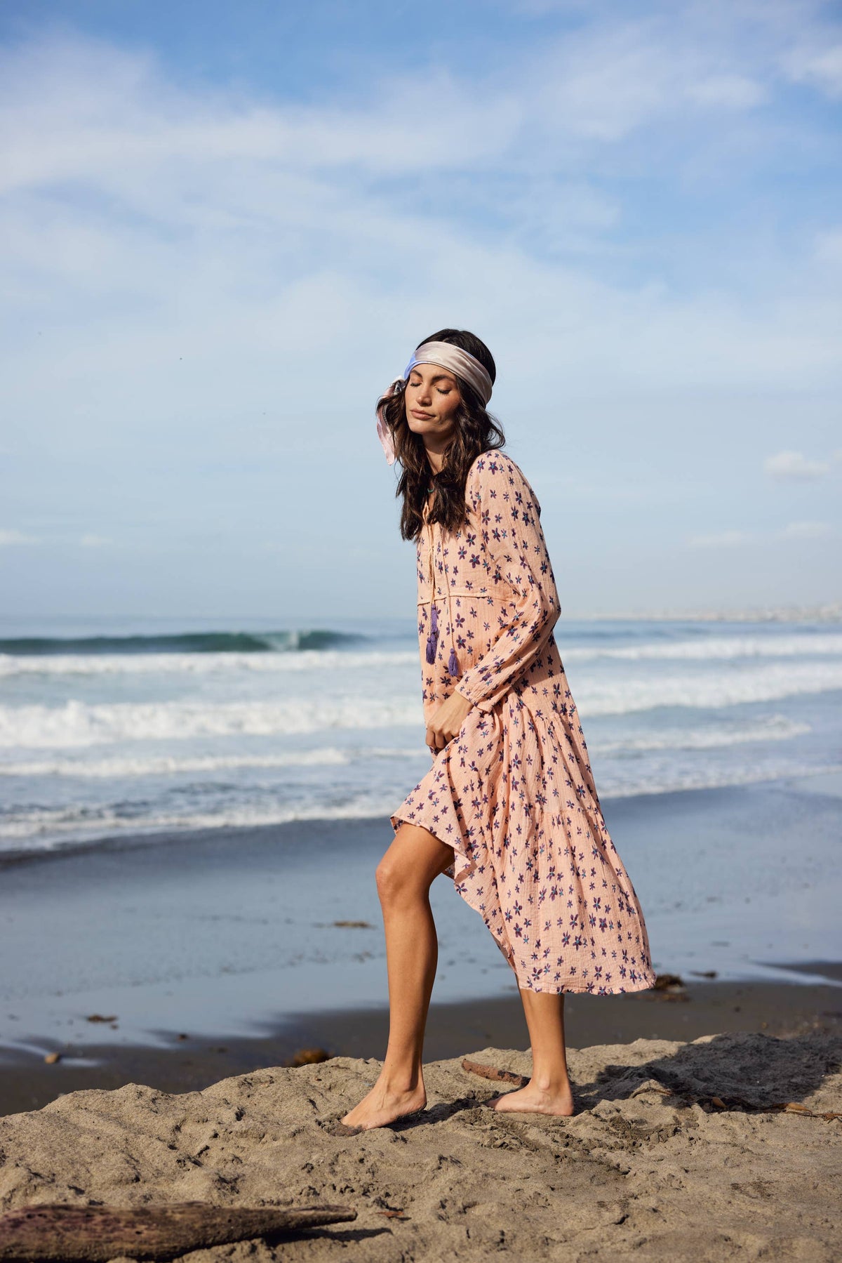 Marisa Printed Midi Dress Long Sleeves With Tassels Coral