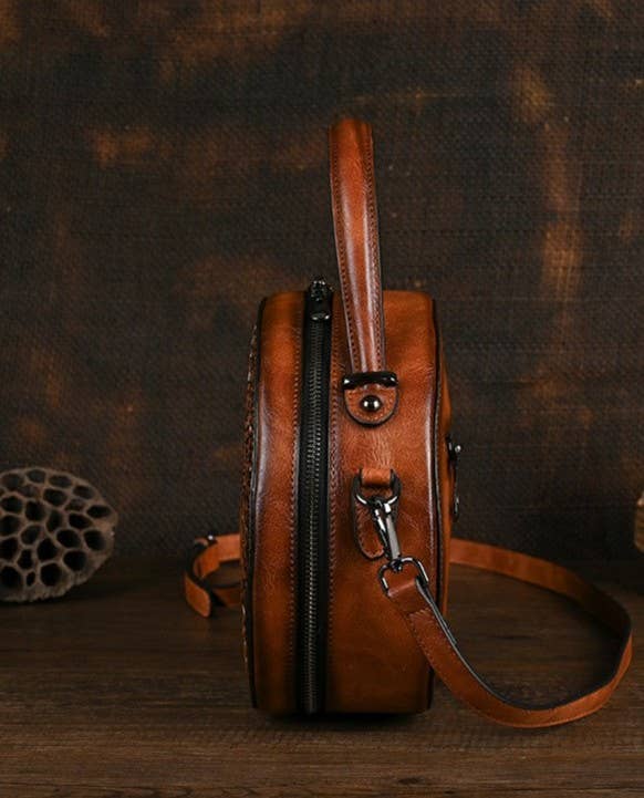 Vintage Embossed Round Crossbody Bag