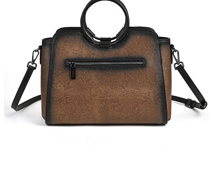 Embossed Leather Top Handle Satchel Bag with Round Handle
