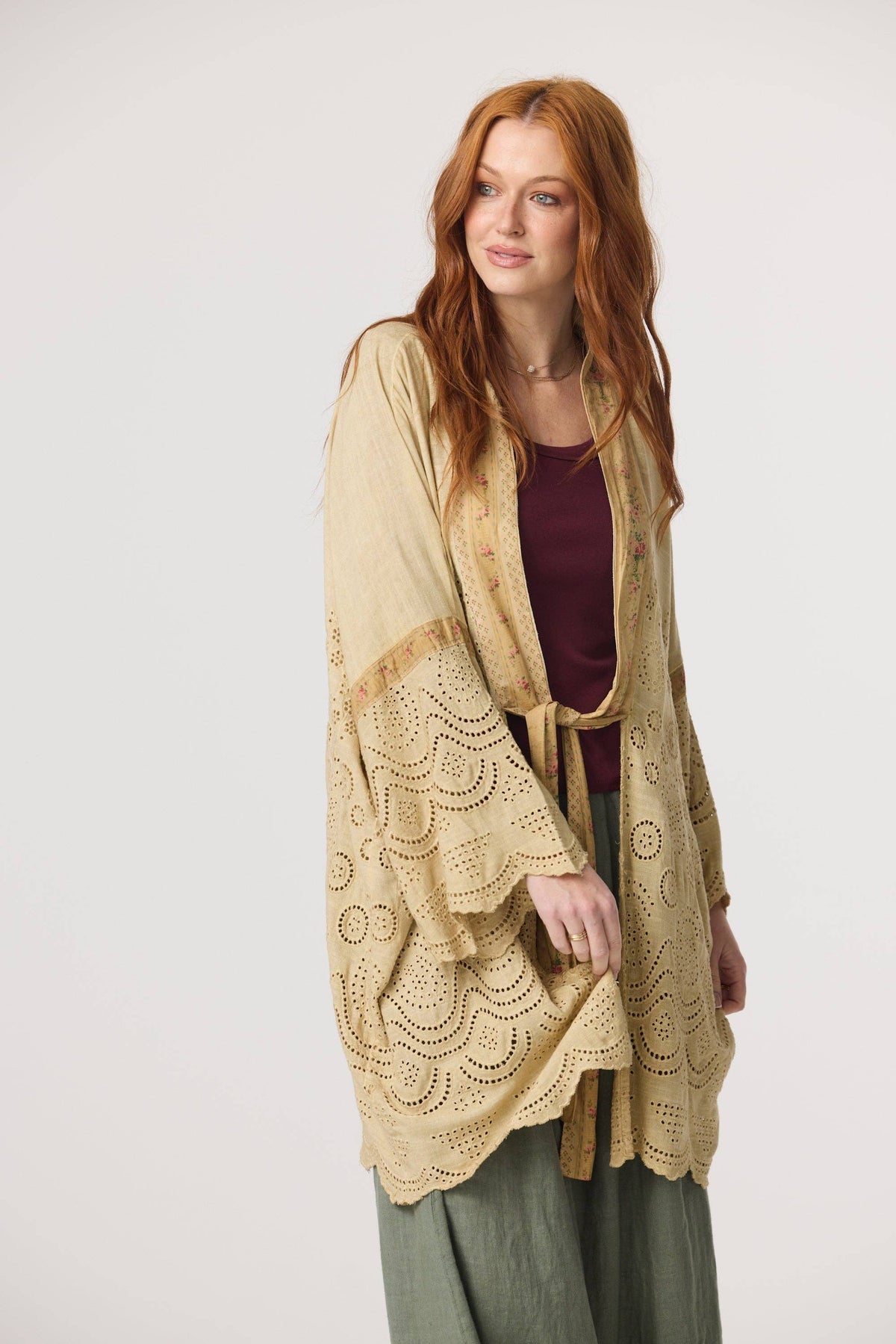 Columbine Linen + Cotton lace Kimono. Colour Stone with floral Petite de Fleurs fabric edging.