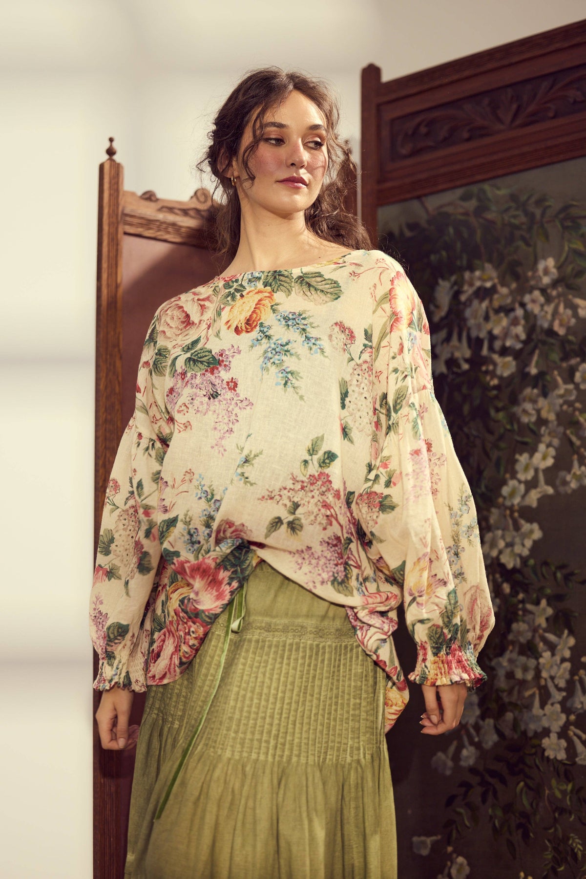 Florist. Linen and Cotton Botanical bouquet top in a fluid Romantic vintage inspired style.