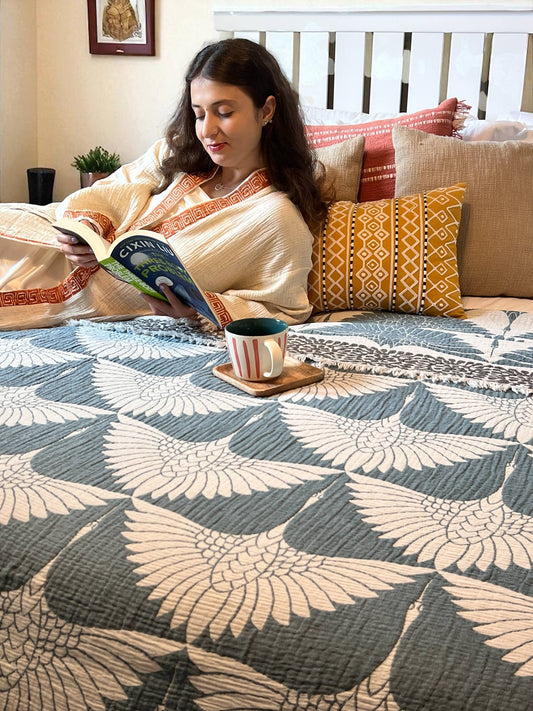 Crane Muslin Bed Blanket/Queen-King/ Adult Size Muslin Teal