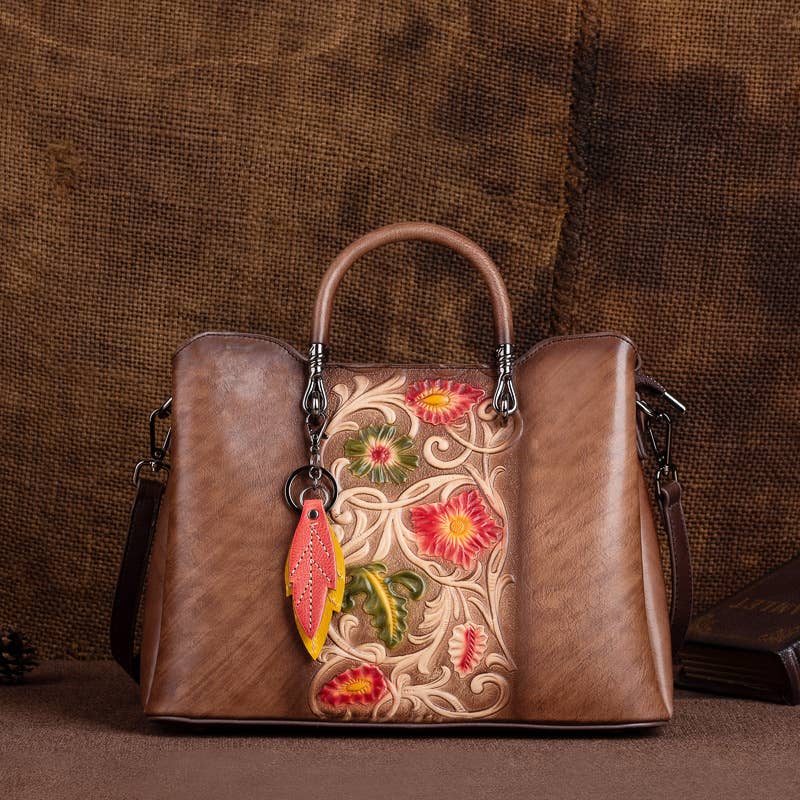 Floral Embossed Leather Handbag with Top Handle and Strap