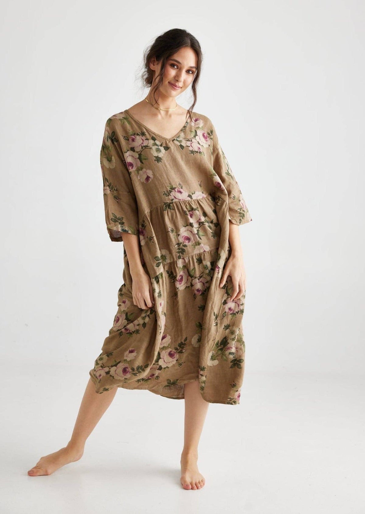 Stella Floral Linen dress. Olive Branch Rose