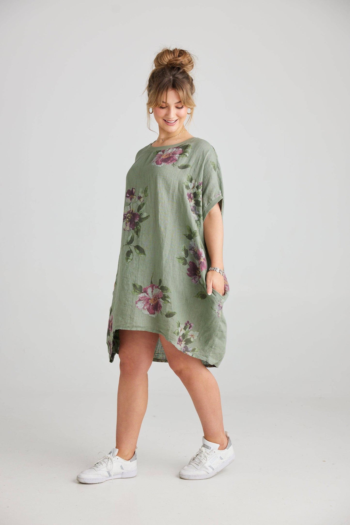 Rosabella linen dress. Olive Floral