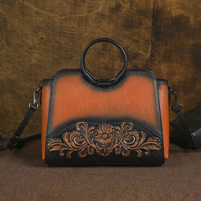 Embossed Leather Top Handle Satchel Bag with Round Handle