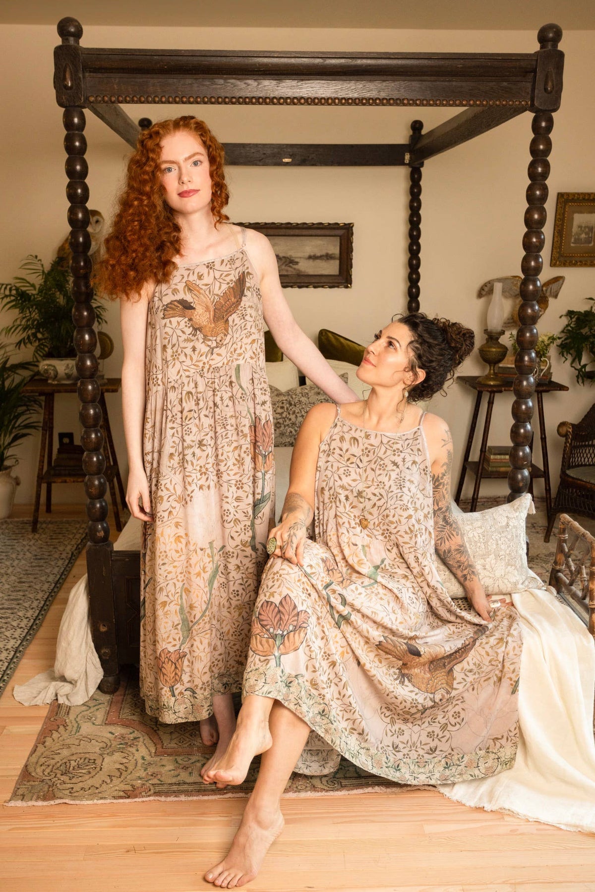 Folklore Bohéme Long Maxi Slip Dress w/ Bird of Peace Art