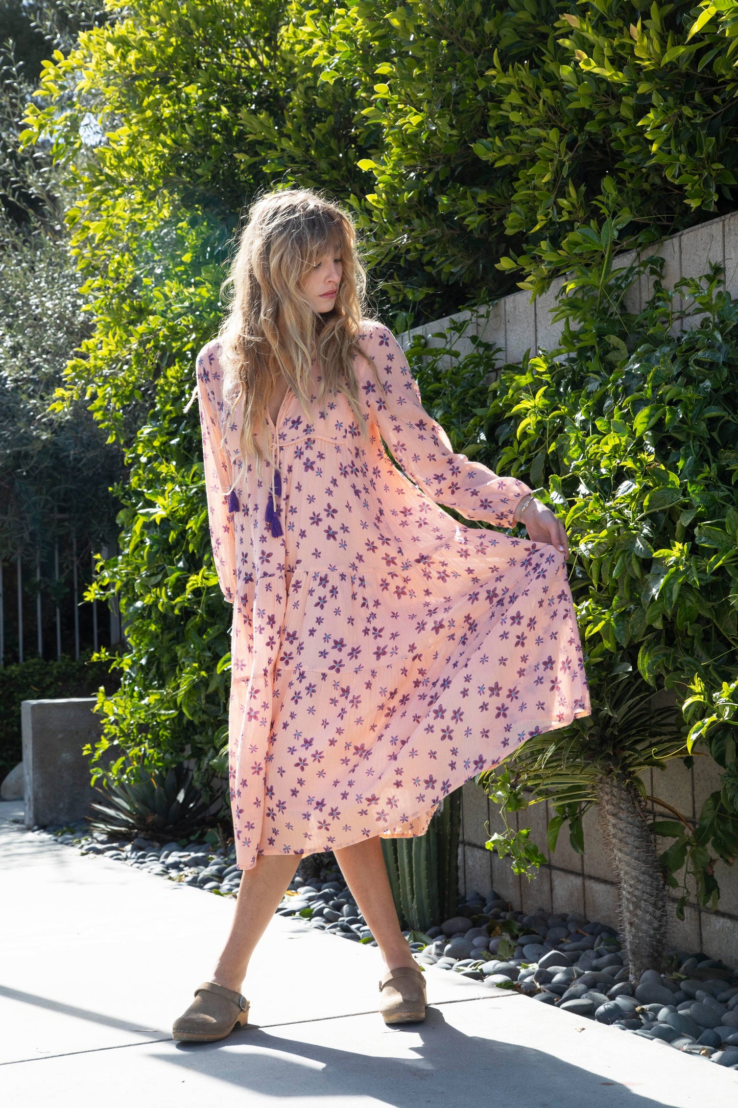 Marisa Printed Midi Dress Long Sleeves With Tassels Coral