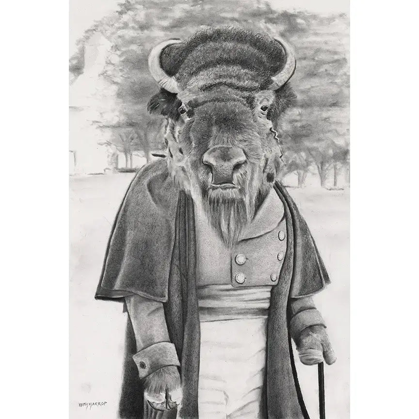 Print (signed): #45 - Bison.  Pencil drawing, animal art