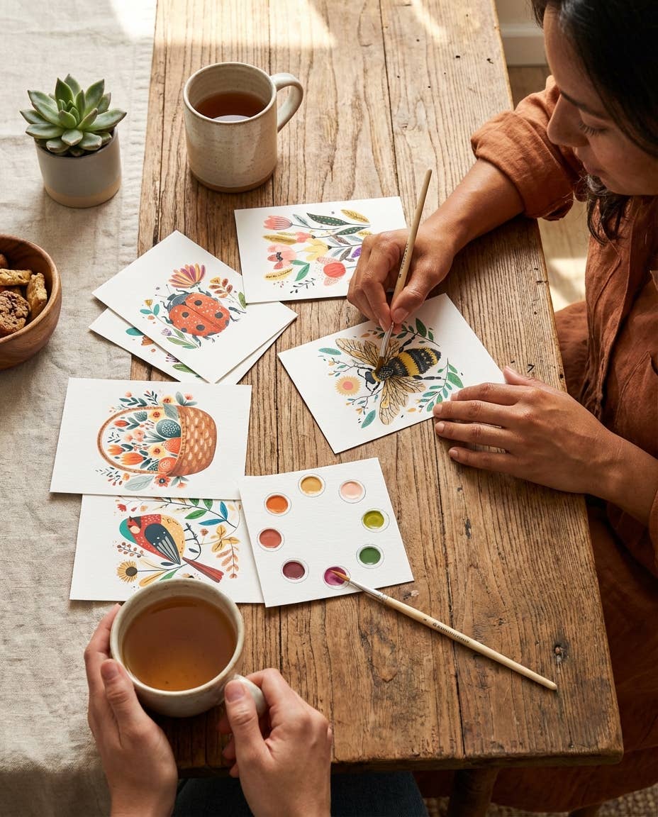All in One Watercolor Prints/ Postcards : Spring Folk Art