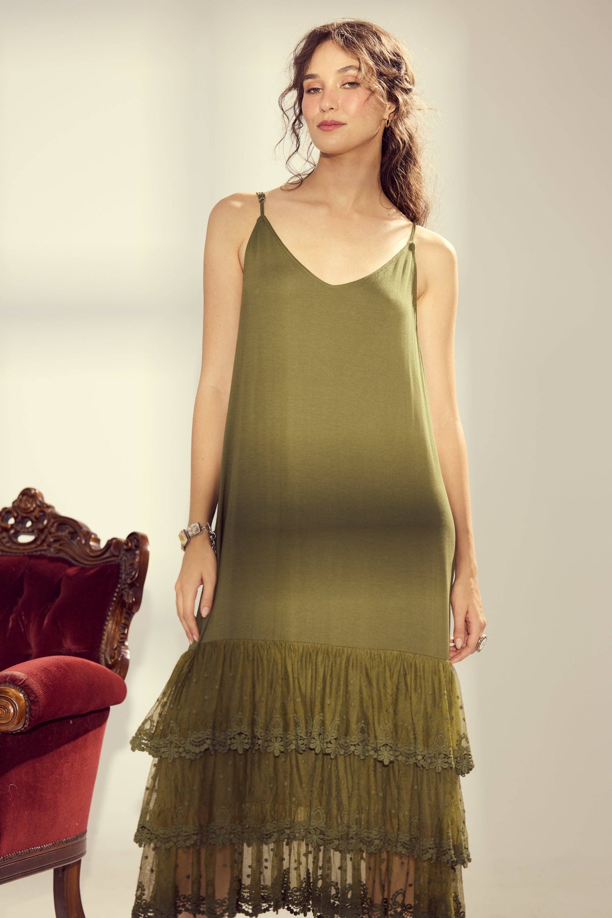 Evangeline slip dress. Moss