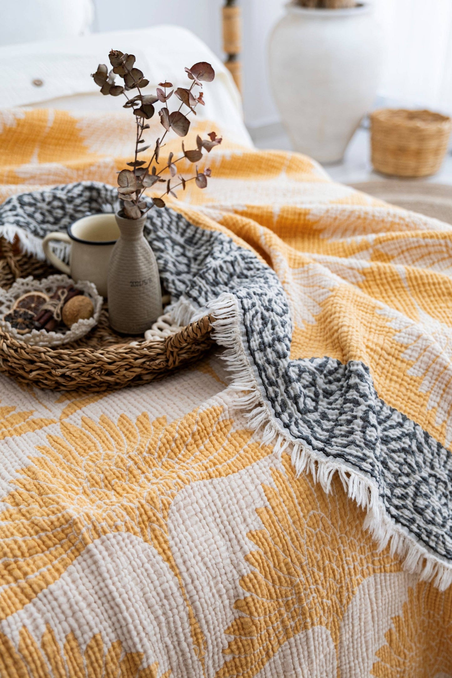 Crane Muslin Bed Blanket King Size, (Mustard)