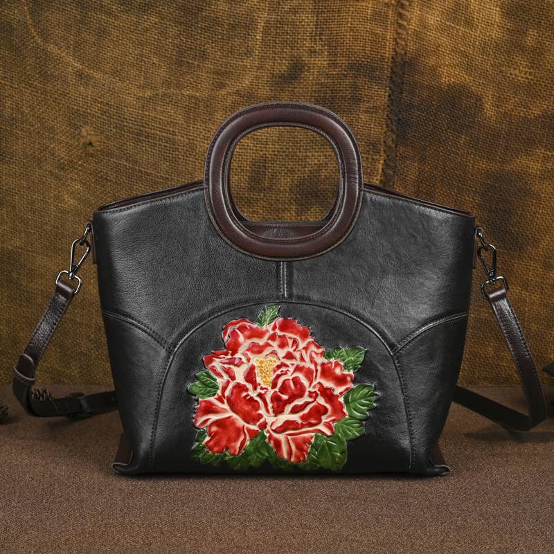 Hand-Painted Embossed Peony Genuine Leather Satchel