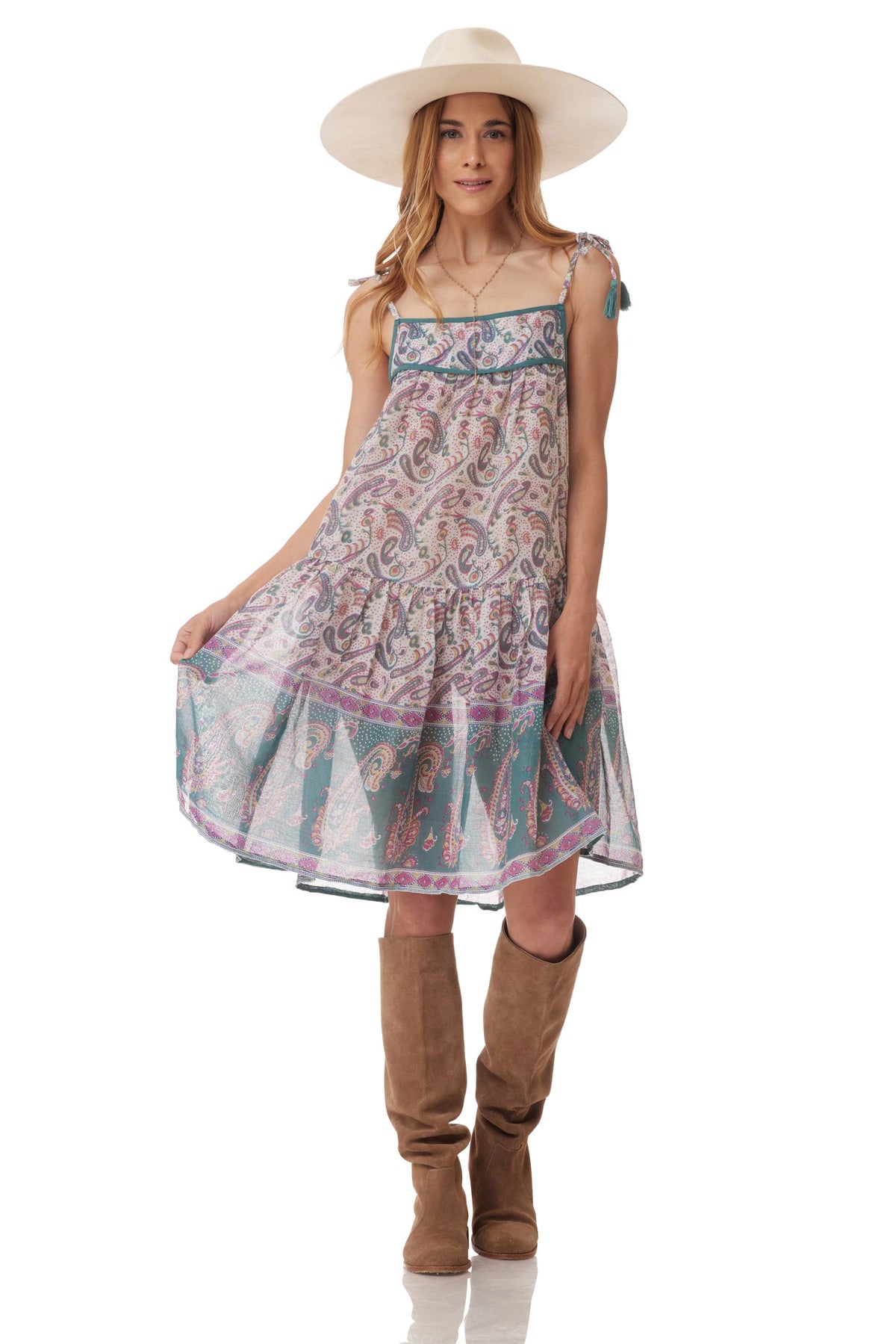 Betsy Printed Short Tank Dress With Tassels Teal