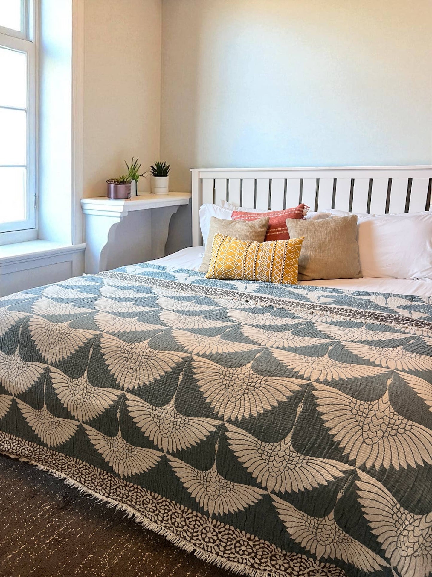 Crane Muslin Bed Blanket/Queen-King/ Adult Size Muslin Teal