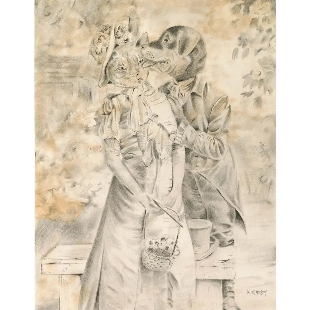 Print (signed):  #16 - Cat & Dog. Pencil drawn animal art.