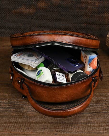 Vintage Embossed Round Crossbody Bag