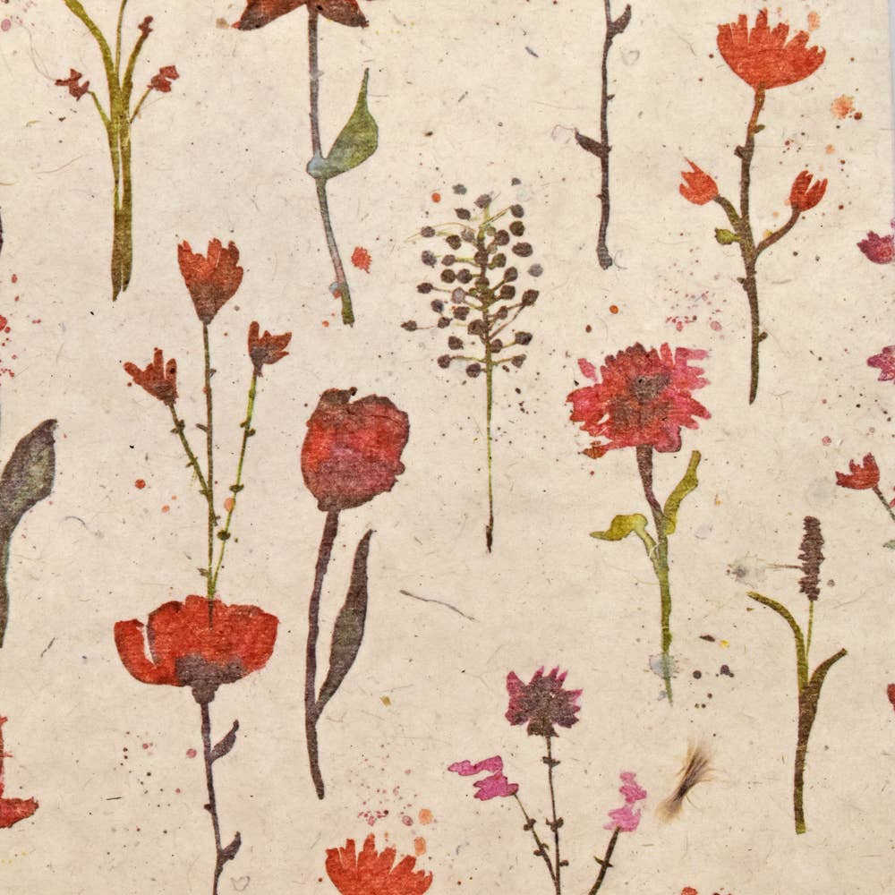 Handmade Lokta Paper Gift Bag Red flowers on Beige 2 Sizes