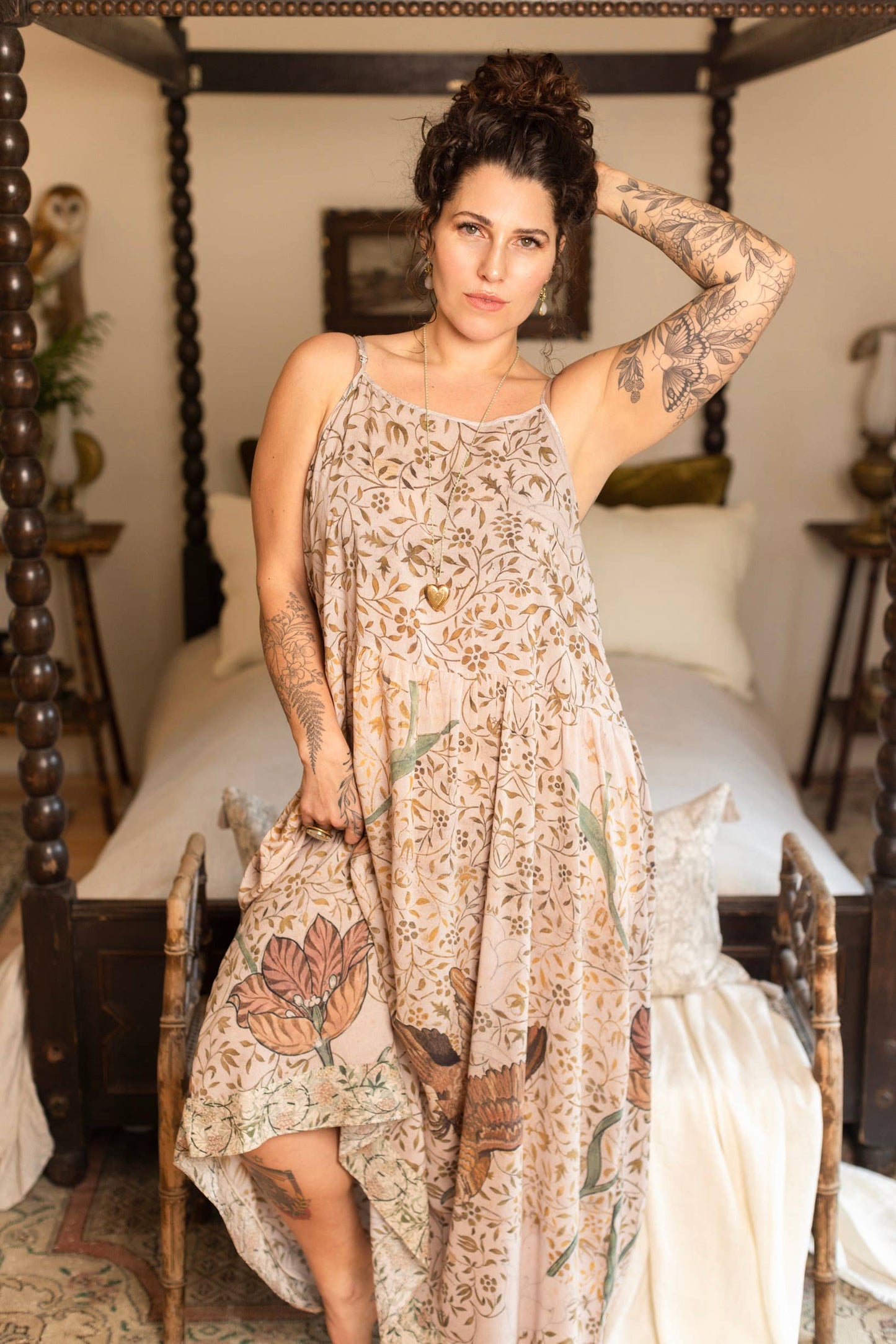 Folklore Bohéme Long Maxi Slip Dress w/ Bird of Peace Art