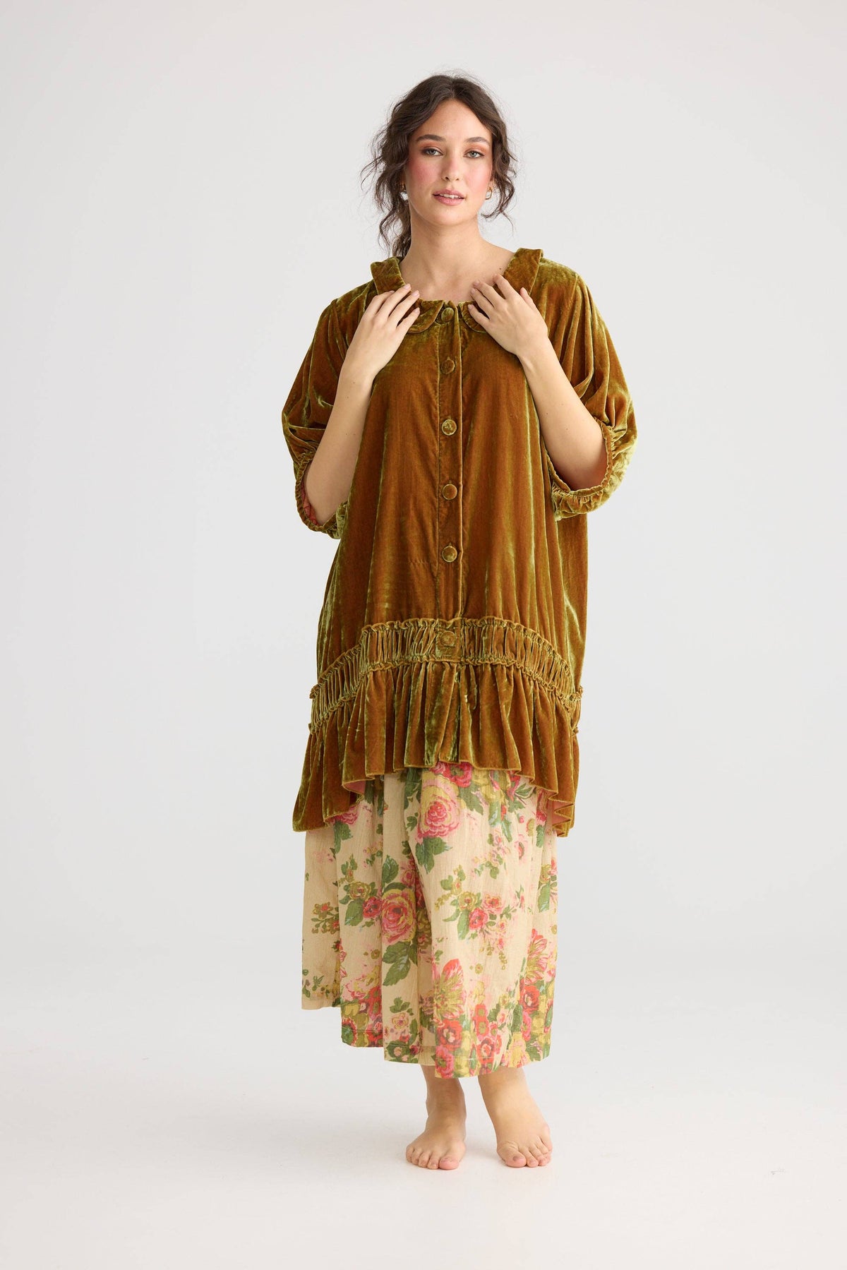 Florentine Velvet Coatdress. Russet Gold.