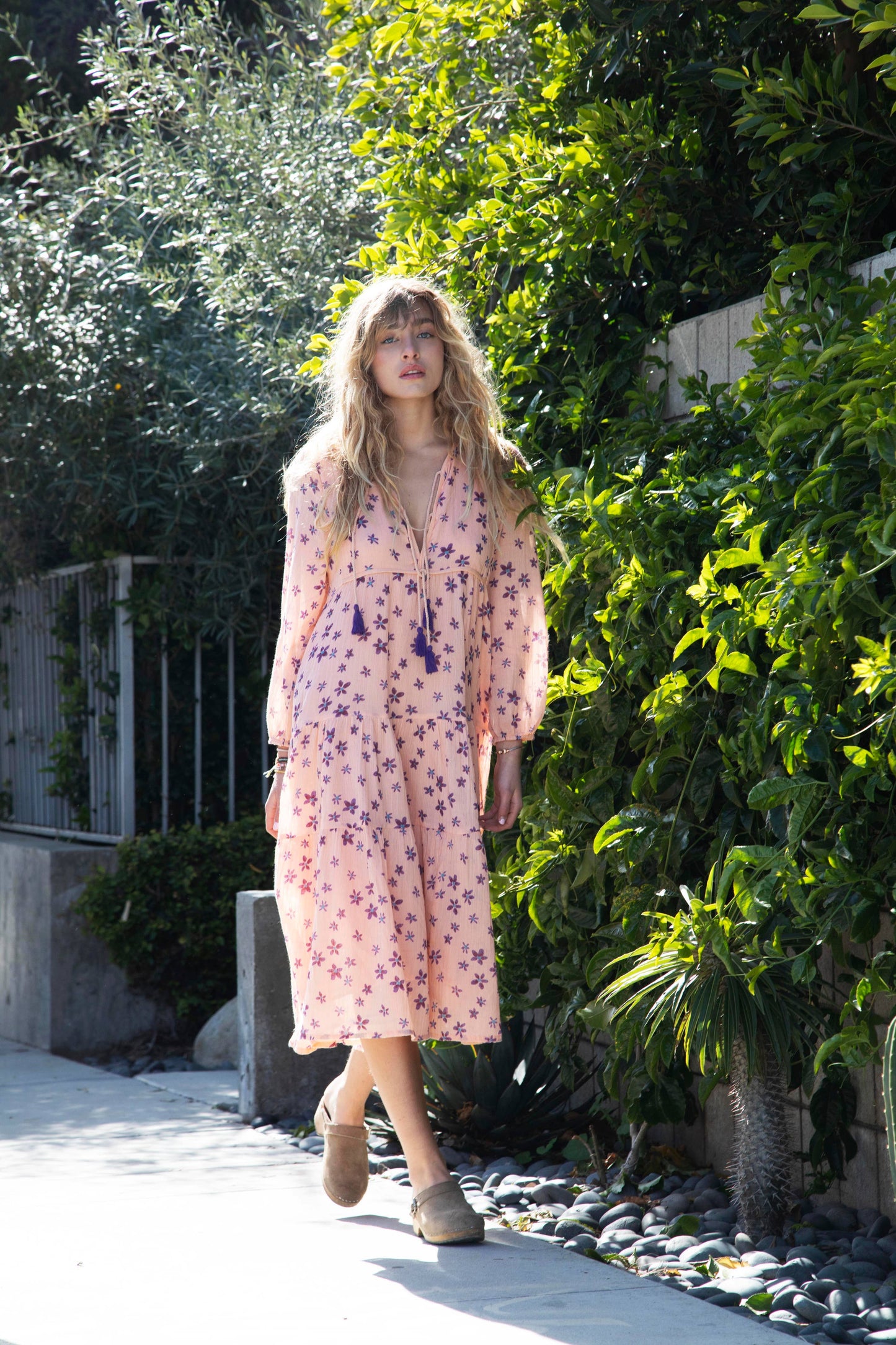 Marisa Printed Midi Dress Long Sleeves With Tassels Coral