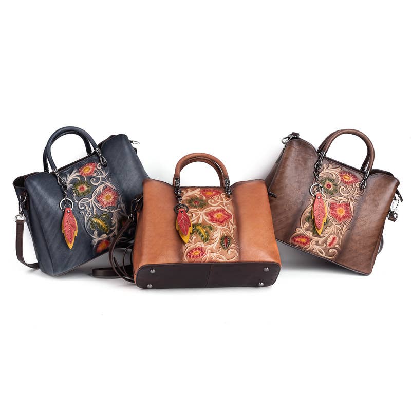 Floral Embossed Leather Handbag with Top Handle and Strap
