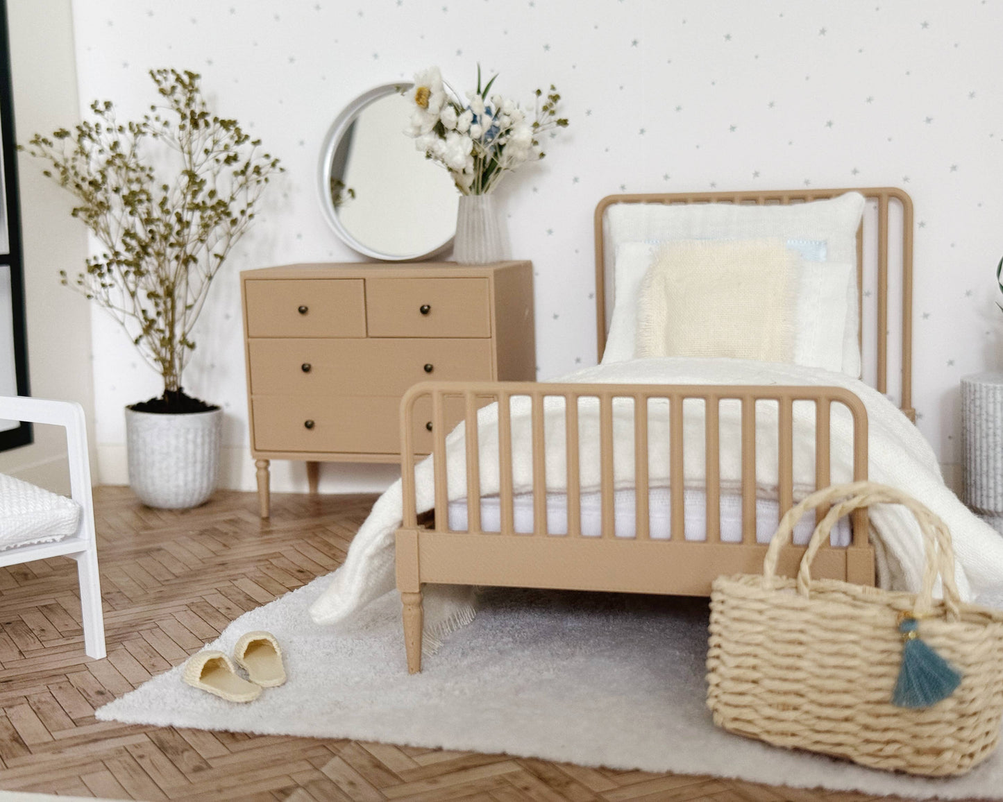 1:12 Scale Dollhouse Bed with Mattress, Twin or Queen