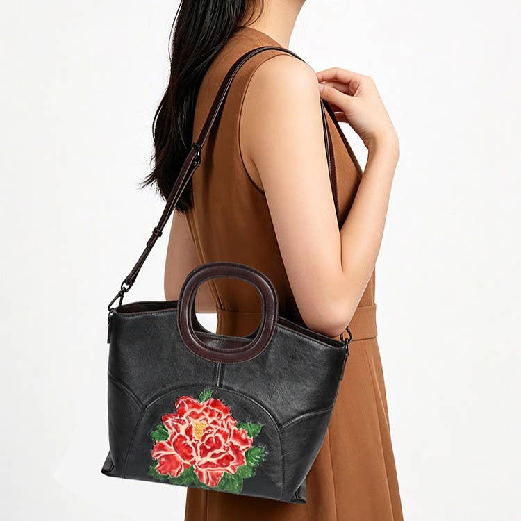 Hand-Painted Embossed Peony Genuine Leather Satchel