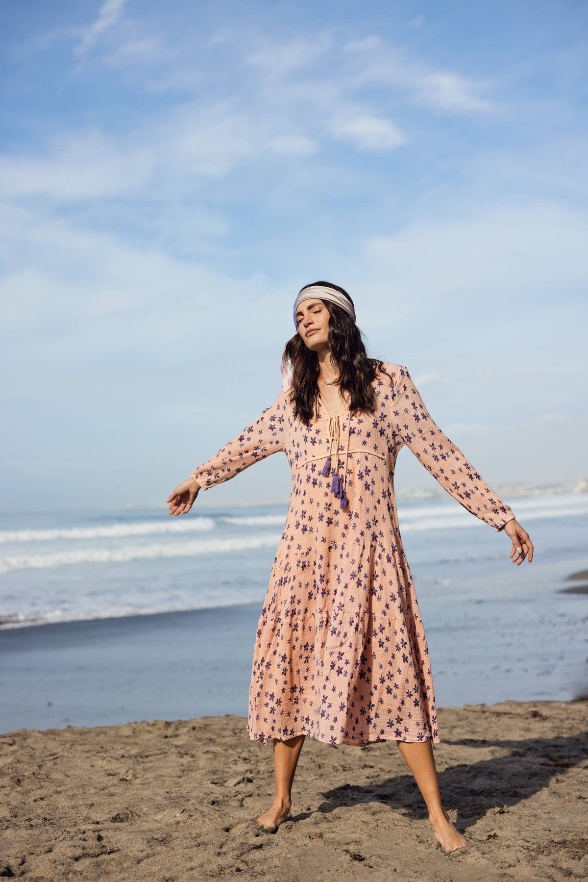 Marisa Printed Midi Dress Long Sleeves With Tassels Coral