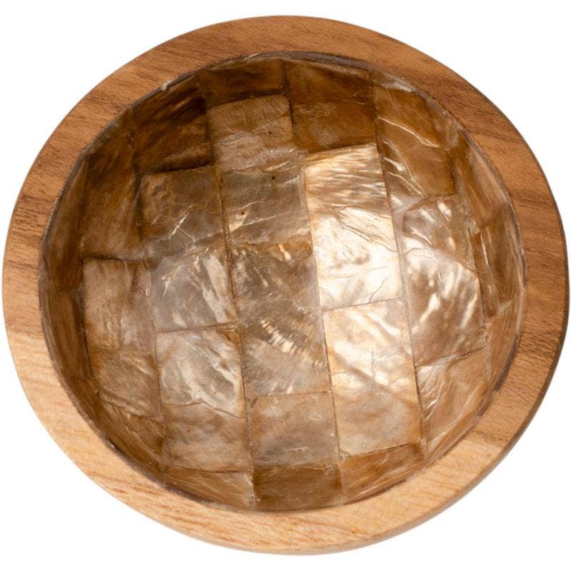 ROUND TEAK BOWL WITH GOLD SHELL