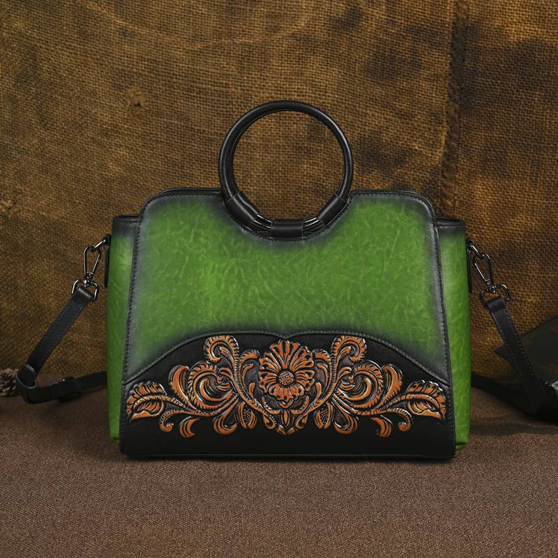 Embossed Leather Top Handle Satchel Bag with Round Handle